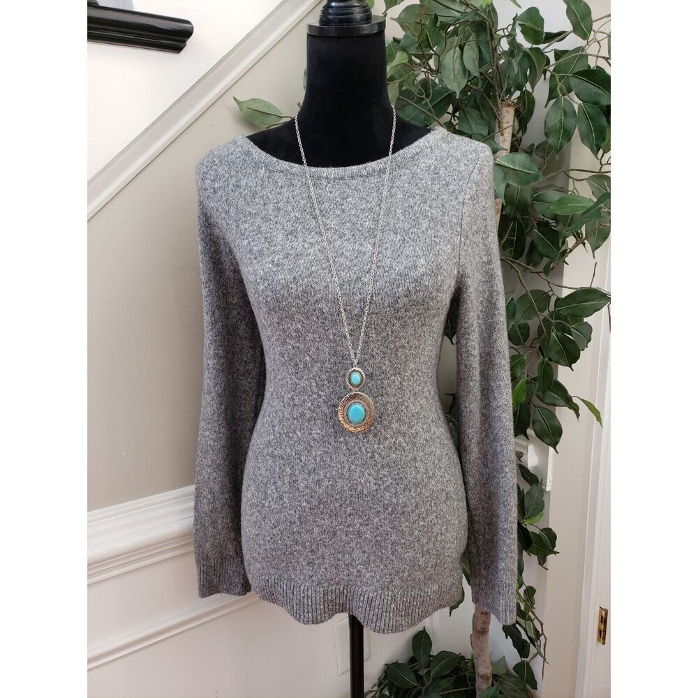 Loft Gray Solid Cotton Open Back Twist Crew Neck Long Sleeve Sweater Size Small